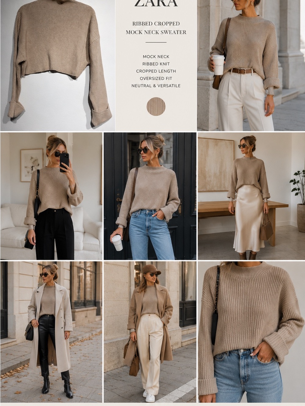 Zara Ribbed Cropped Mock Neck Sweater Beige Oatmeal Oversized Knit Size Large